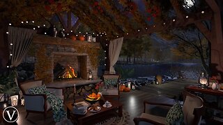 Autumn Terrace Night Ambience | Lake, Firepit & Forest Nature Sounds