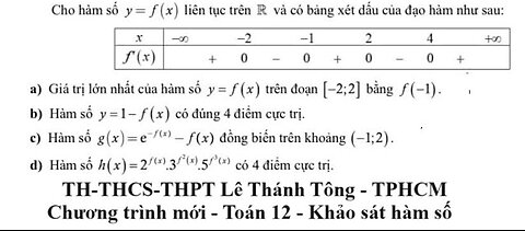 Toán 12: Khảo sát hàm: THPT Lê Thánh Tông TPHCM: Cho hàm số y=f(x) liên tục trên R và có bảng xét