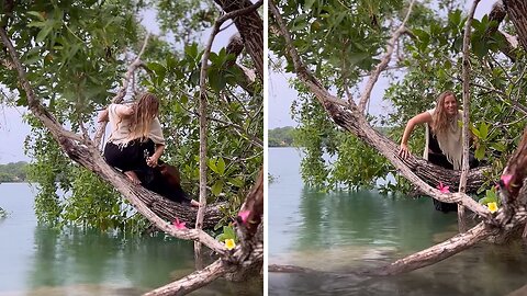 Woman slips and falls into water in the most delightful way