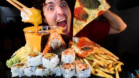 ASMR CHEESE SAUCE SUSHI , GIANT PIZZA AND FRIES MUKBANG ( No Talking ) NOMNOM