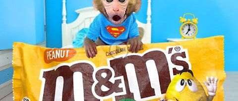 Monkey Baby Bon Bon Goes to Buy Giant M&M Candy and Eats Ice Cream with Puppy in the Garden