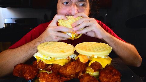 ASMR BUFFALO CHICKEN KIMCHI WAFFLE BREAKFAST SANDWICHES MUKBANG ( No Talking ) NOMNOM