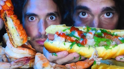 GIANT LOBSTER + SHRIMP HOTDOGS w/ Sriracha Butter Lemon Garlic | ASMR notalking | Nomnomsammieboy