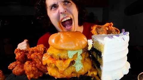 ASMR TRIPLE CHEESE BURGER , BUFFALO CHICKEN NUGGETS , WEDDING CAKE MUKBANG (no talking) NOMNOM