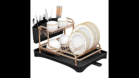 Dish Drying Rack, Dish Rack for Kitchen Counter, 2-Tier Dish Drainer with Glass Holder and Uten...