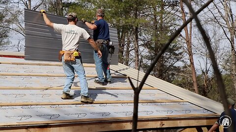 S2 EP34 | WOODWORK | TIMBER FRAME BASICS | INSTALLING THE METAL ROOF ON THE CABIN