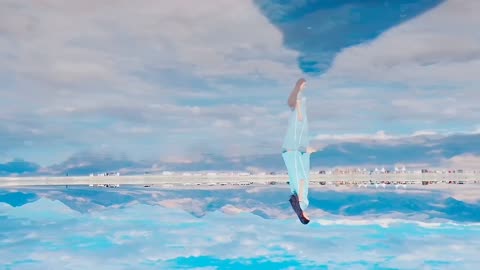 The lake is connected with the blue sky