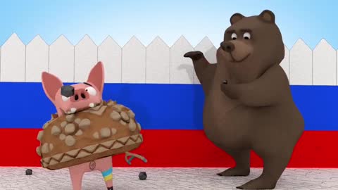 Ukrainian piglet 6 pigtlet shoots animals with slingshot. Bear stops him.