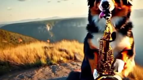 Bernese mountain dog playing saxophone