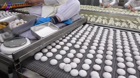 Process of making dumplings by 170 employees. South Korean dumpling factory