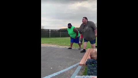 two fat people run a race! Big guy falls hard