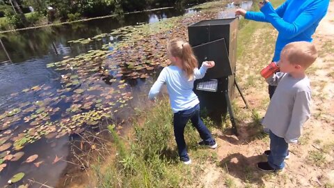 Kids feeding fish at the farm pond