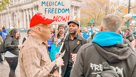 "End All Mandates" Protesters Speak and Counterprotester Trolls at NYC City Hall Event