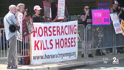 Horse racing activists gather outside Pimlico Race Course