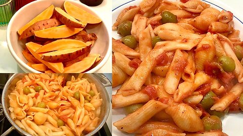 Pasta with Olives and Sweet Potato Fries