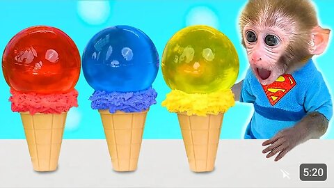 Monkey Baby Bon Bon eat jelly fruit ice cream and naughty with ducklings in the swimming pool