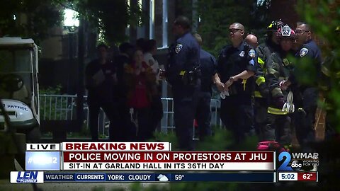 Police at Johns Hopkins University,students protesting over a month against the university creating a police force