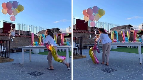 Balloons Lift Baby Into the Air, Mom Quickly Makes Save