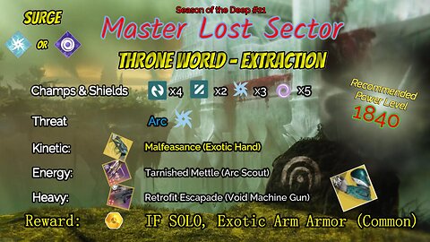 Destiny 2 Master Lost Sector: Throne World - Extraction on my Arc Hunter 6-30-23