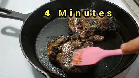 Cooking Medium Rare steak, with crusted honey mustard. Seasoned with garlic salt, honey vinegar and