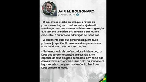 Mensagem de Bolsonaro sobre a Morte de Marília Mendonça