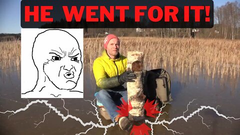 HE WENT FOR IT!💥🔥💥 / A man hits thin ice with a log sitting on a frozen lake