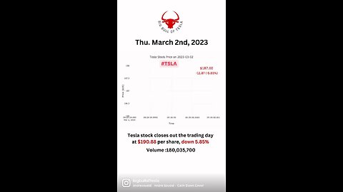 Tesla stock closes out the trading day at $190.88 per share, down 5.85% Thu. March 2nd, 2023