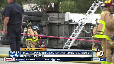 Crews flip fuel tanker that overturned in Mission Valley