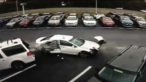 Driver causes terrifying accident at car dealership