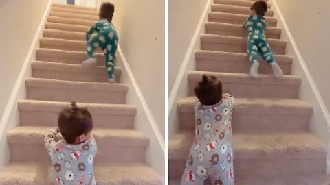 Crazy Kids Have Fun Sliding Down The Stairs