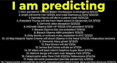 I am predicting: Harris crash 10/24; dirty bomb NYC 12/2; Trump death 11/7; Israel bomb Iran 12/3