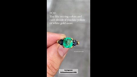 Personalized cushion Colombian emerald cushion and trillion sapphire 3 stone platinum 18K ring