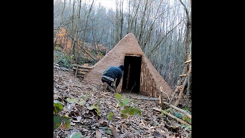 Building a Hunter Hut with a Fireplace - Bushcraft Shelter from Wood and Clay (Part:1)