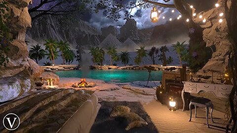 Desert Oasis Cave | Night Ambience | Campfire, Wind, Water & Nature Sounds