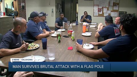 Firefighters react to finding man stabbed flag pole at Tulsa Hills