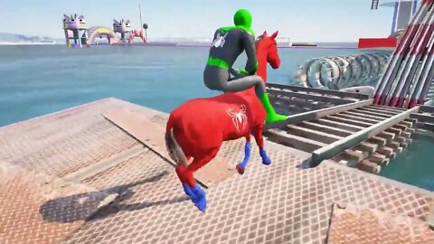 GTA 5 Gameplay Ragdolls Red Spiderman Horse On Spiderman Color Bridge Parkour Funny Moments Fails $