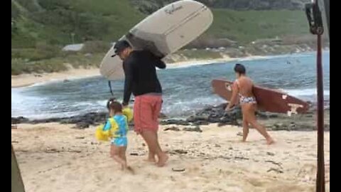 Dad carries tot to surfing lesson like shopping bag