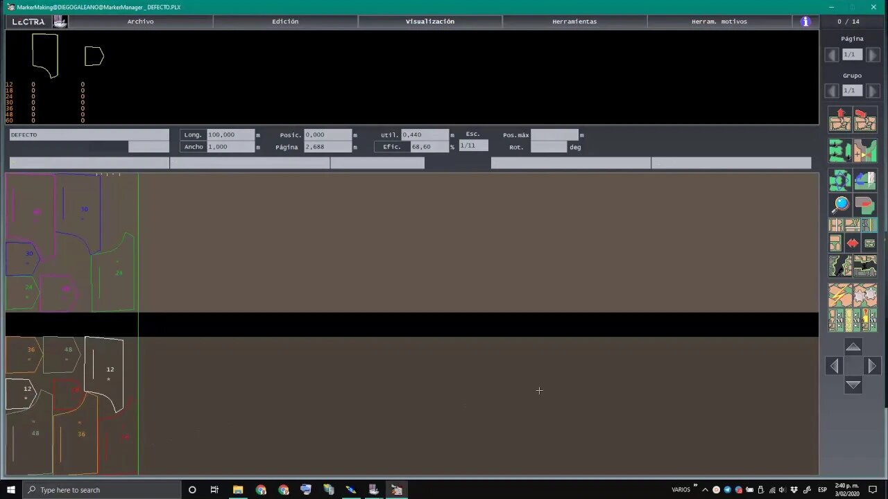 024 Diamino Zonas de Calidad 1/3 Trazo sobre tela con defecto de