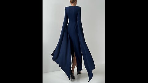 Regular Fit Elegant Plain Crew Neck Split Sleeves Dress, Color Deep Blue