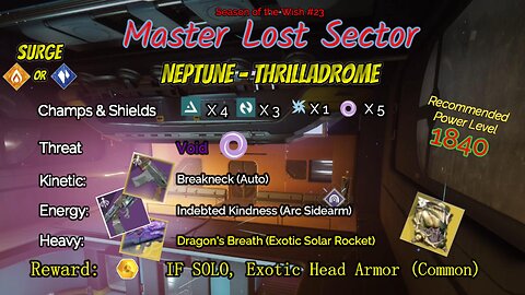 Destiny 2 Master Lost Sector: Neptune - Thrilladrome on my Arc Hunter 2-8-24