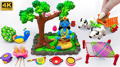 How To Make Clay Miniaturre Krishna Idols with Peacock Kitchen set Bullock Cart and Charpain