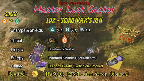 Destiny 2 Master Lost Sector: EDZ - Scavenger's Den on my Solar Warlock 3-25-24