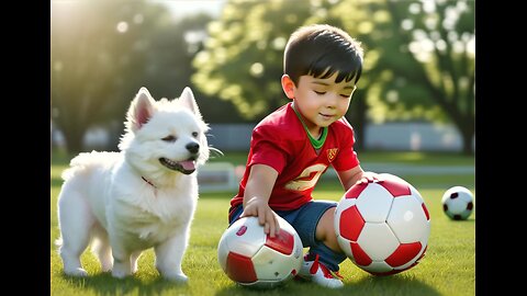 A child playing football with his dog