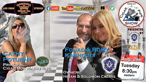 Cathy Poturny, Cigar Box Marketing and Fouad & Romy Kashouty of Hiram & Solmon join us.