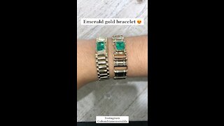 Yellow Gold Emerald cut natural Colombian emerald link gold bracelet in 14K