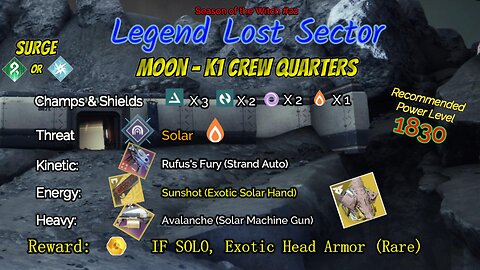 Destiny 2 Legend Lost Sector: Moon - K1 Crew Quarters on my Arc Warlock 9-7-23