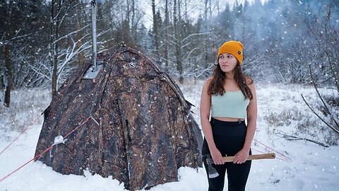 Winter SOLO camping in a HOT tent along