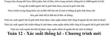 Toán 12: Chương trình mới: Xác suất thống kê: Trong trận chung kết Euro 2024 giữa Anh và Đức,