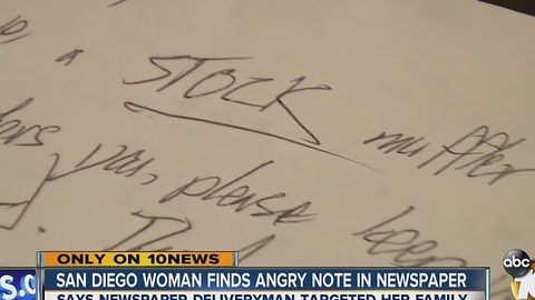 San Diego woman finds angry note in newspaper