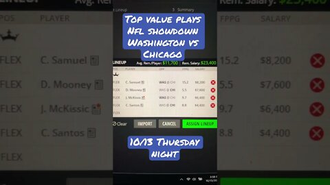 Thursday Night Football Showdown Top Value Plays 10/10/22 Washington VS Chicago DraftKings